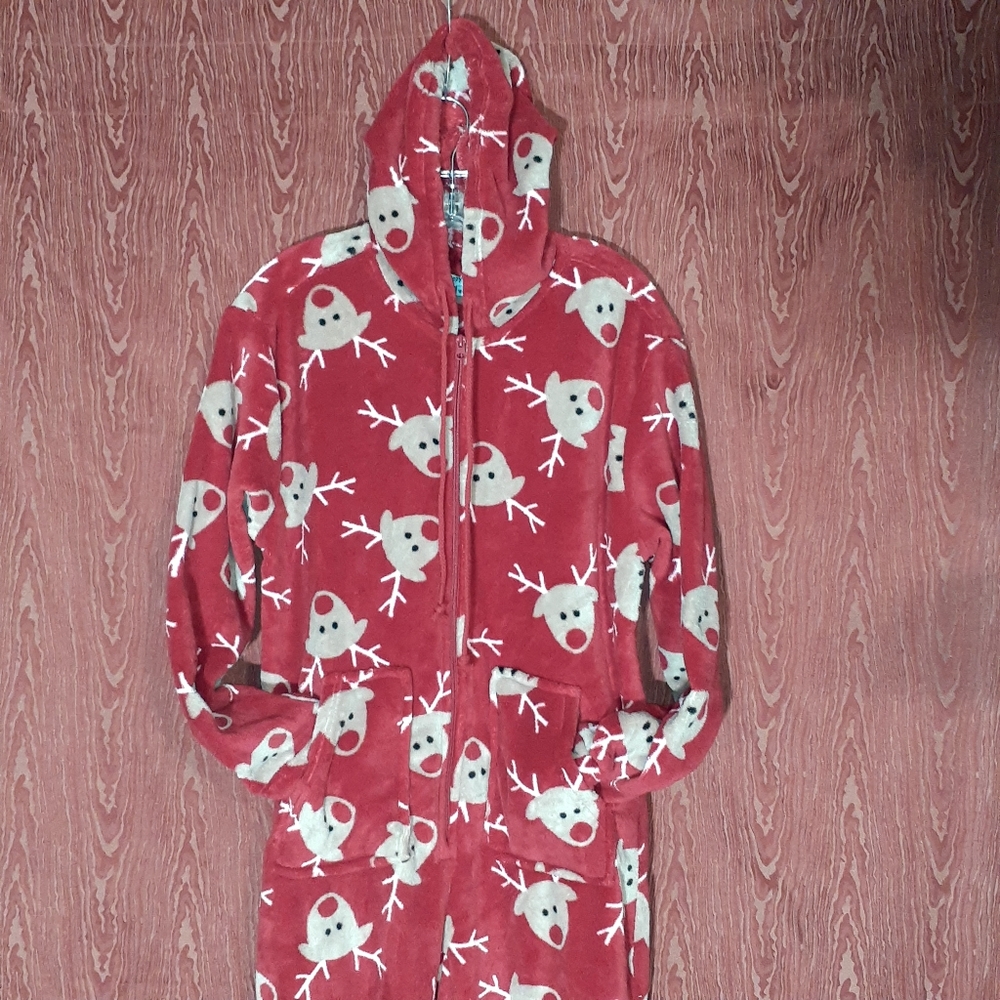 New SLeepytime One-Piece Hooded Fleece Footed Reindeer Jumpsuit Red PJ'S Sz W-M